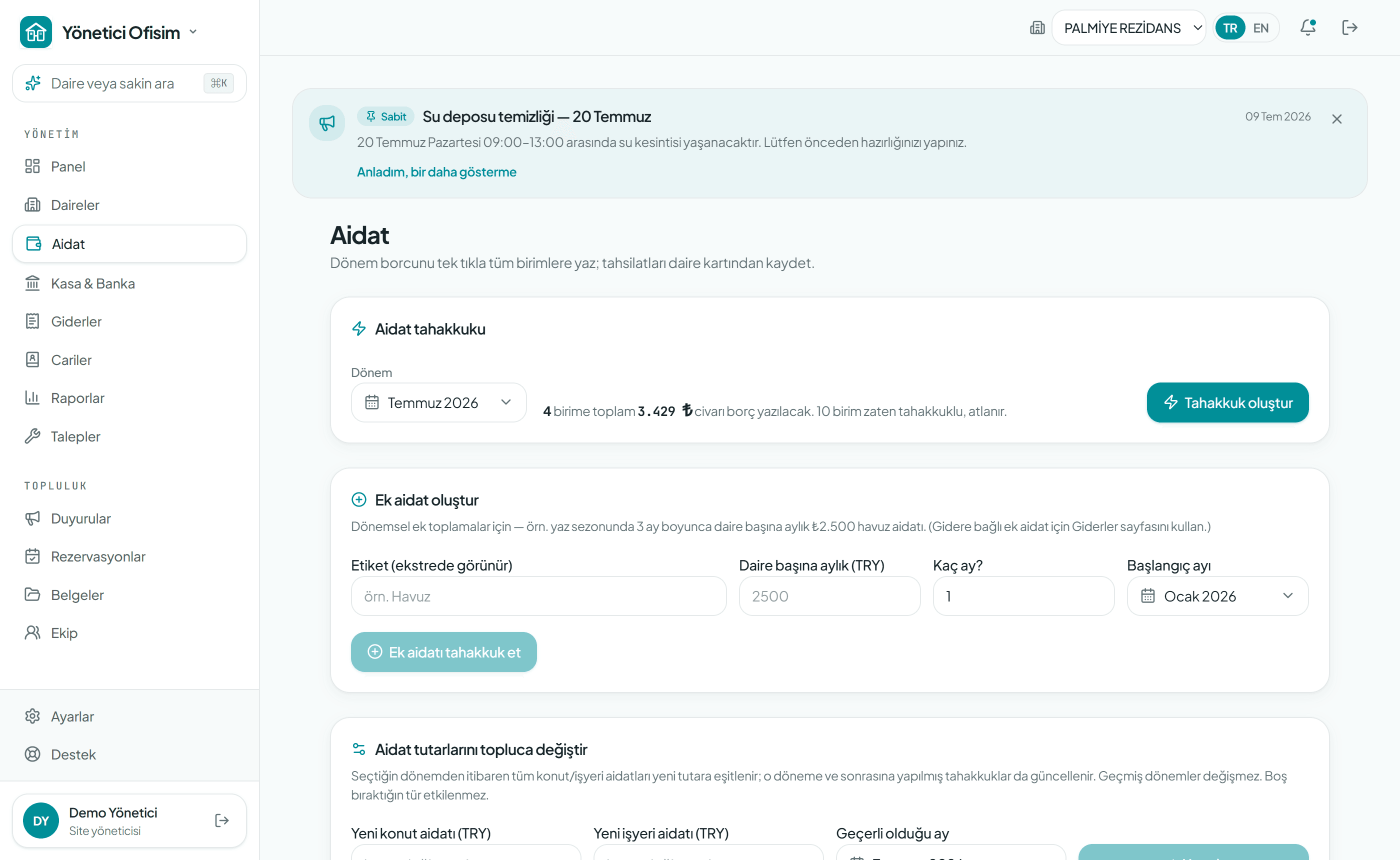 Aidat takip programı ekranı — tek tıkla aidat tahakkuku, ek aidat oluşturma ve makbuzlu son tahsilatlar
