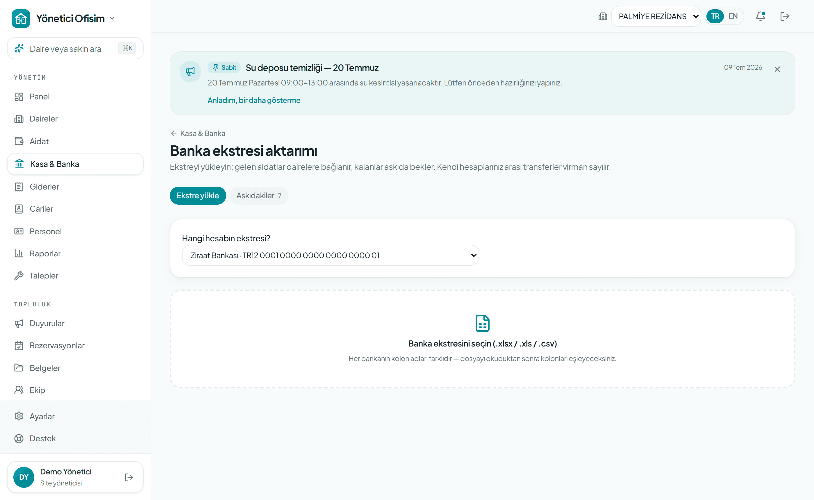 Banka ekstresi yükleme ekranı — Excel/CSV dosyası seçimi