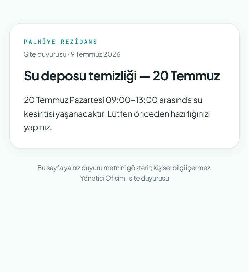 Duyuru bağlantısının açtığı sayfa — site adı, duyuru başlığı ve metni; giriş istemez, kişisel bilgi göstermez